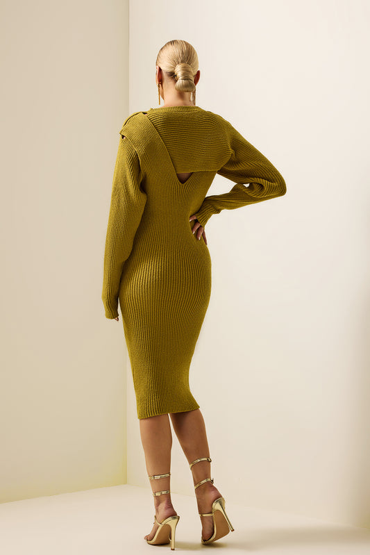 Solid Knit Knotted Long Sleeve Midi Dress