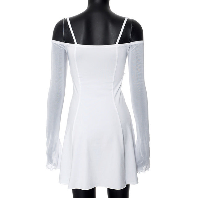 TRAUXY Mesh Ruffles Splicing Suspender Mini Dress For Women Off Shoulder Long Sleeve See Through Sexy Bodycon Dress Hot Summer