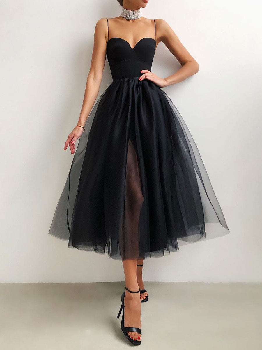 Black Dress Women Sweetheart Sleeveless Birthday Party Midi Dresses