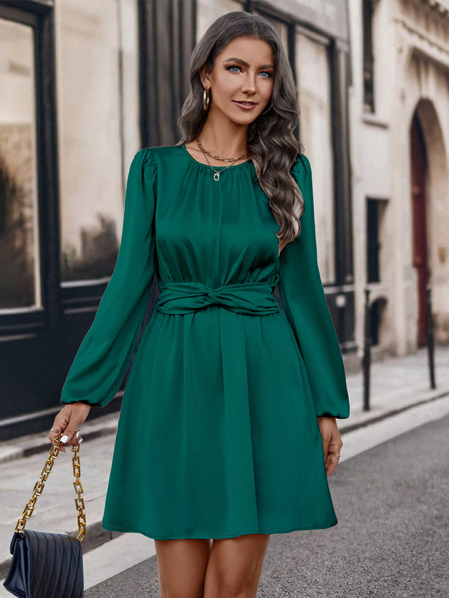 Flared Dress Round Neck Balloon Sleeves Belted Solid Color Mini Dresses