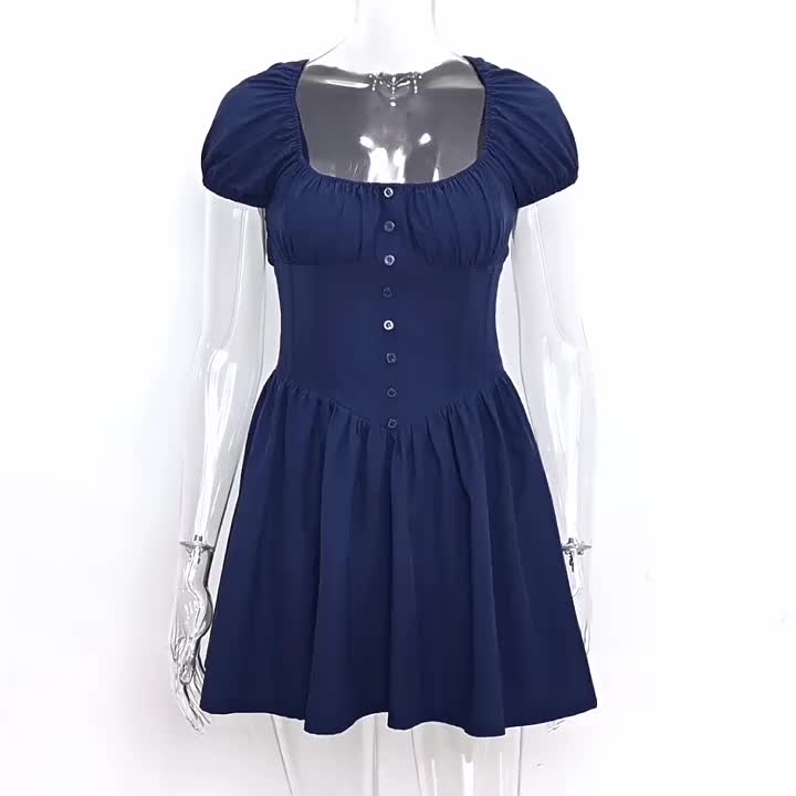 Short Dress Pleated Square Neck Puff Sleeves Graduation Party Mini Dresses