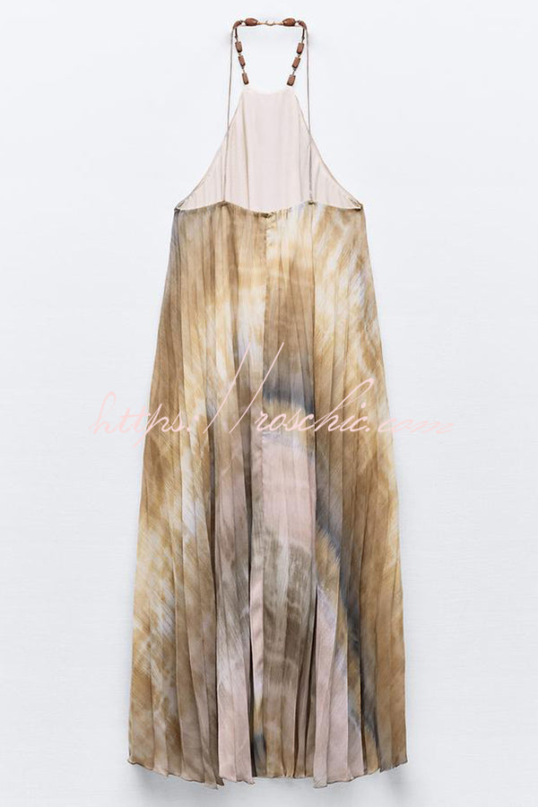 Tie-dye Printed Halter Neck Pleated Backless Midi Dress