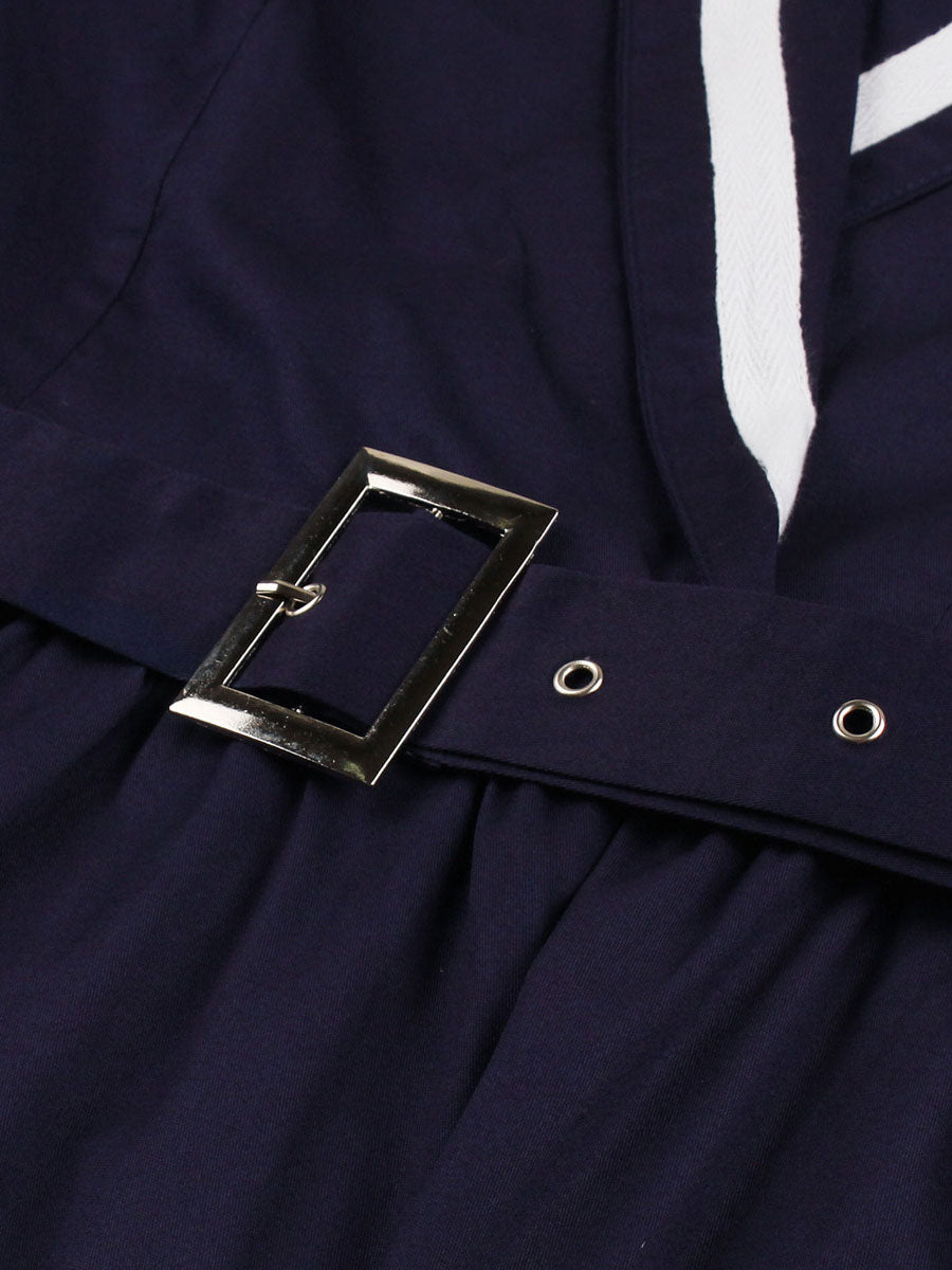 Vintage Dresses 1950s Audrey Hepburn Style Dark Navy Two Tone Belted Long Sleeve V Neck Midi Dress