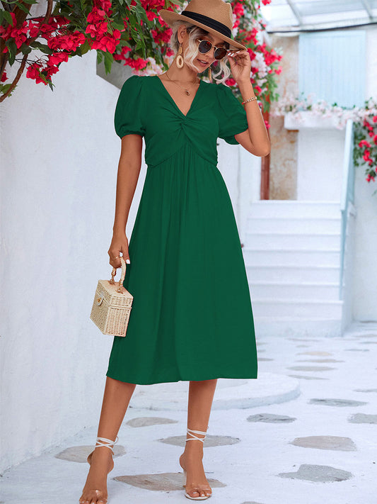 Pleated Casual V-Neck Short Sleeves Midi Dress