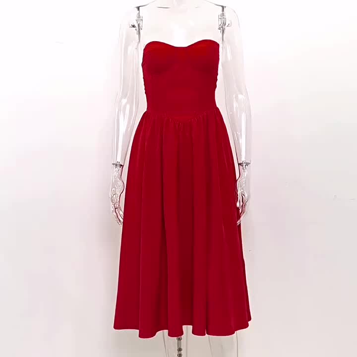 Red Party Dress Strapless Backless Retro Elegant Midi Dress