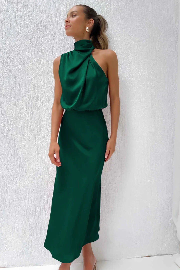 | Draped Neckline Satin Midi Dress