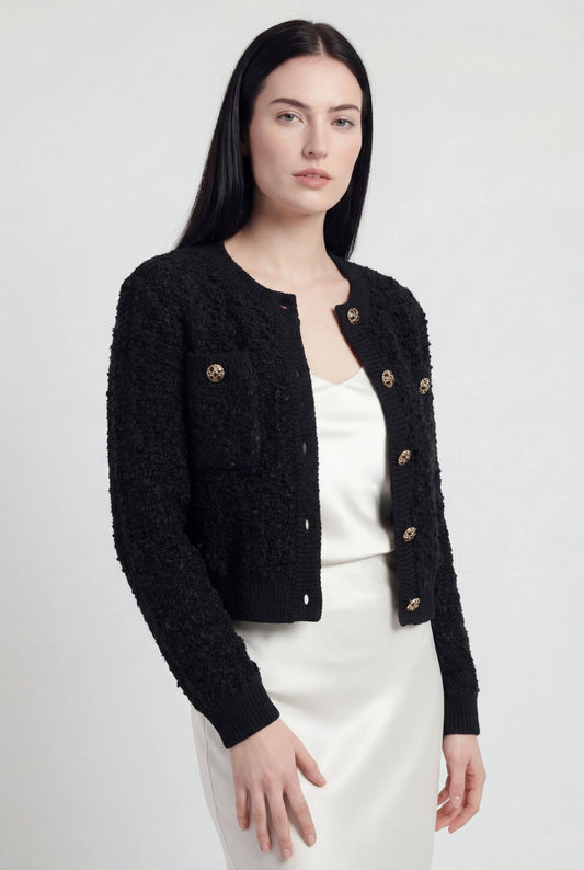 Maison Textured Knit Cardigan | Jewel Buttons | Round Neck | Relaxed Fit