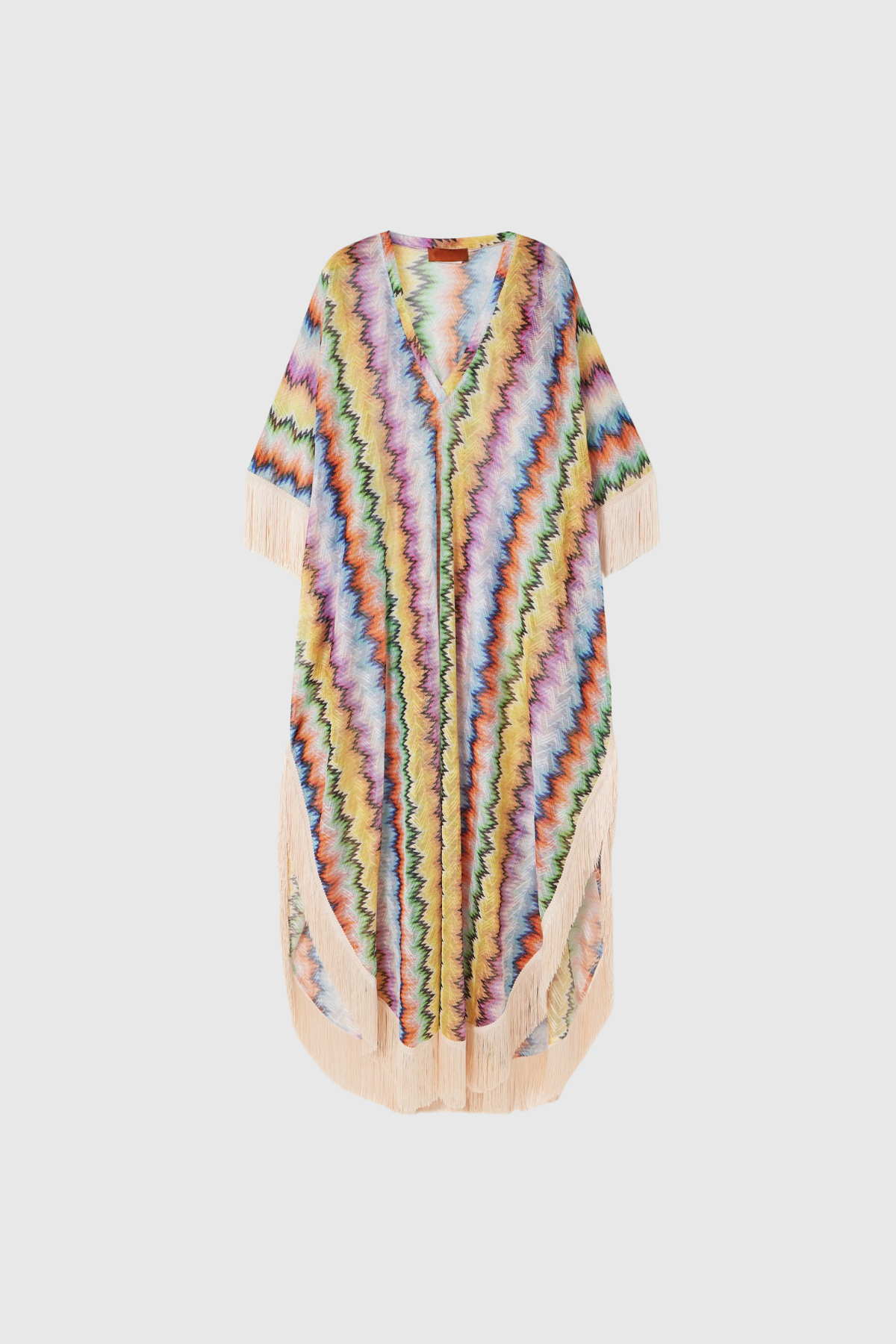 Chevron Knit Fringe Trim Kimono Sleeve Caftan Maxi Dress