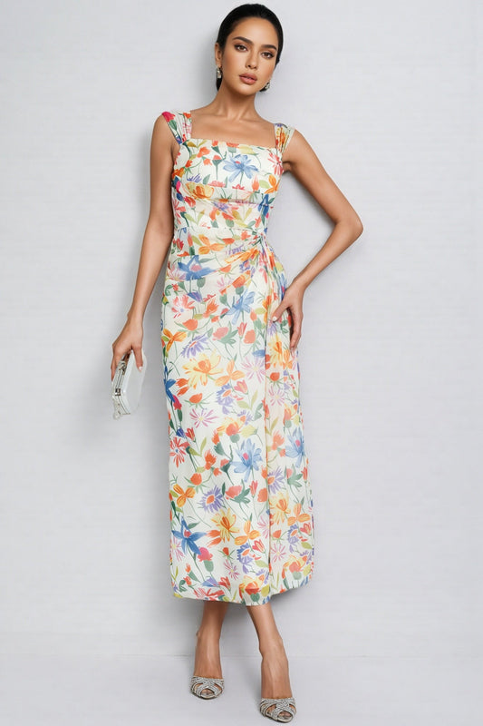 Mylel Orange Flower Waist-cinching Maxi Dress