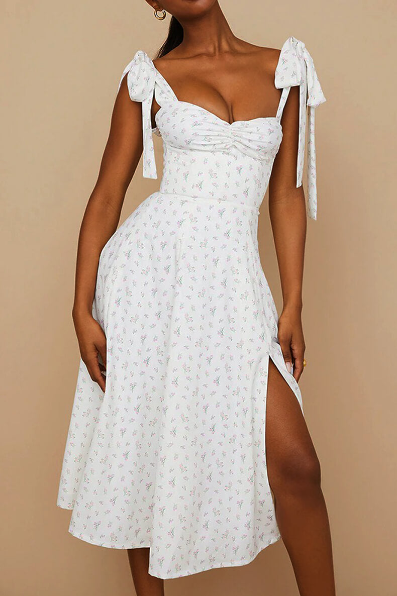 Ditsy Floral Tie-Shoulder Sweetheart Ruched Bust Side Slit Maxi Dress