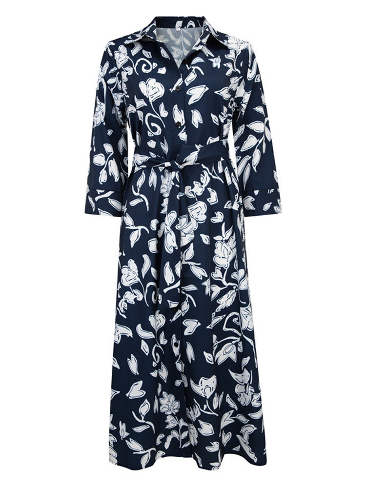 Shirt Midi Dress Green Turndown Collar Split Front Long Sleeves Geometric Layered Dress