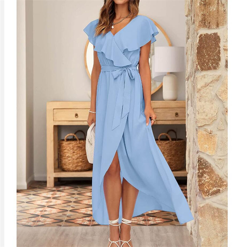V-Neck Ruffle Short Sleeve Maxi Dress in Multiple Colors
