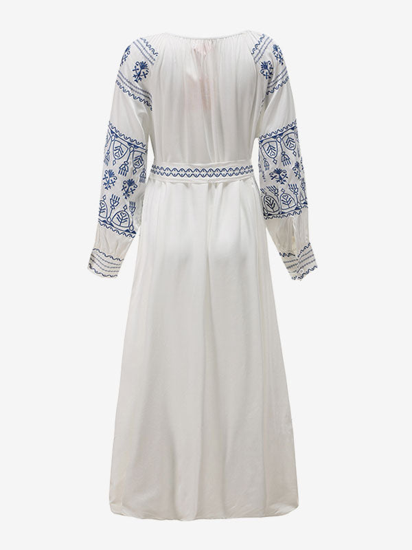 Boho Dress V-Neck Long Sleeves Bohemian Gypsy Beach Vacation White Spring Summer Belted Maxi Dress For Women