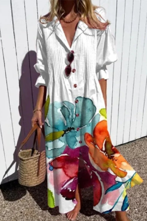 Ruched Button Down Balloon Sleeves Printed Maxi Dress