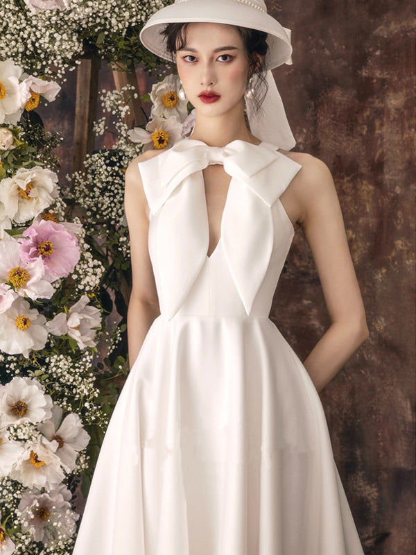 Bows Midi Dress Cutout A-Line Elegant Prom Dresses In White