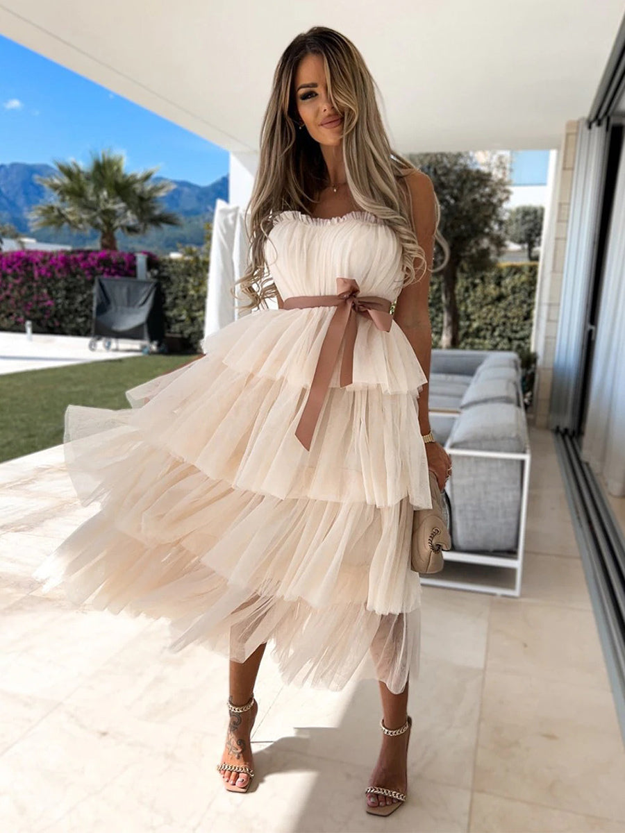 Tulle Ruffles Dress Off The Shoulder Layered Belted Party Maxi Dresses