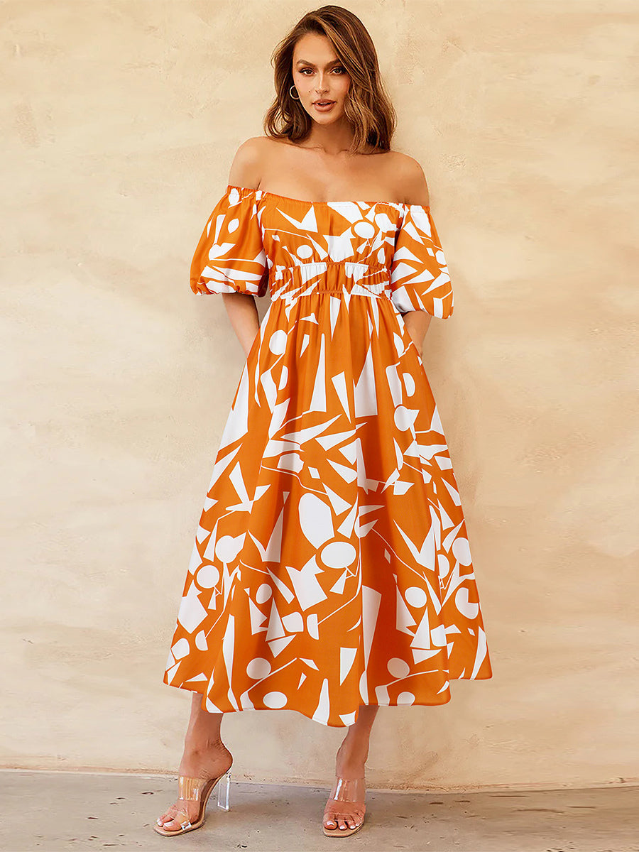 Floral Dress Off The Shoulder Puff Sleeves Casual Summer Midi Dresses