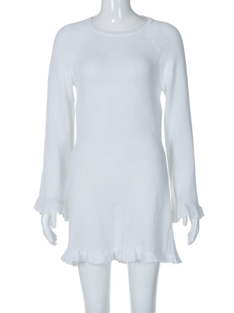 TARUXY Sexy Backless Knitted Mini Dress For Women Lace Up Long Sleeve Solid Short Dresses Hot Girls Club High Waist Dress Femme