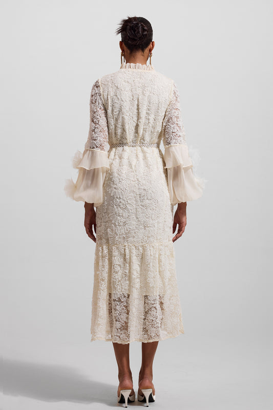 Solid Lace 3D Floral Midi Dress With Faux Pearl Belt