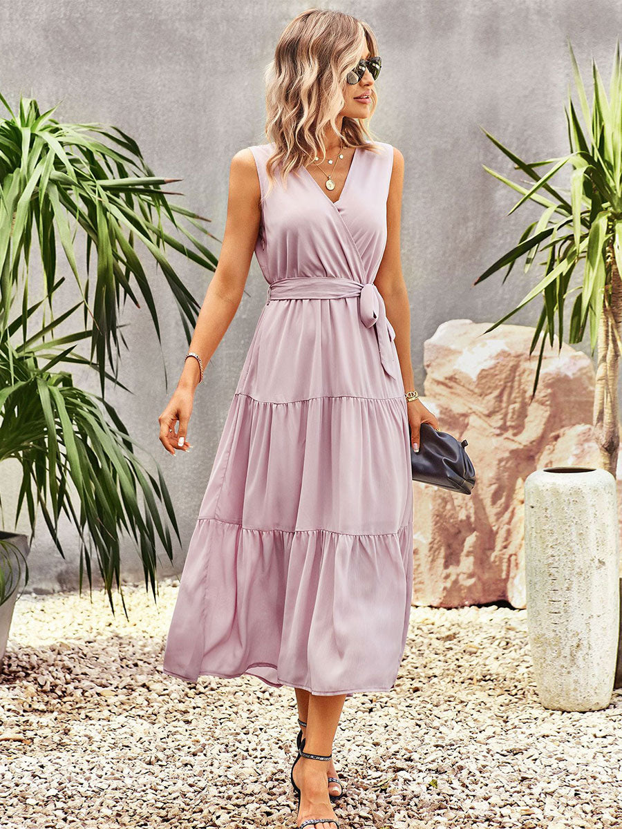 Lace Up Chic V-Neck Sleeveless Midi Dress