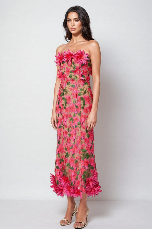Adame 3D Floral Mesh Midi Dress