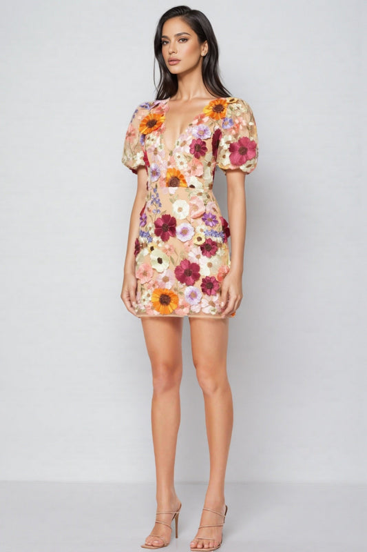 Brea V-neck 3D Printed Mini Dress