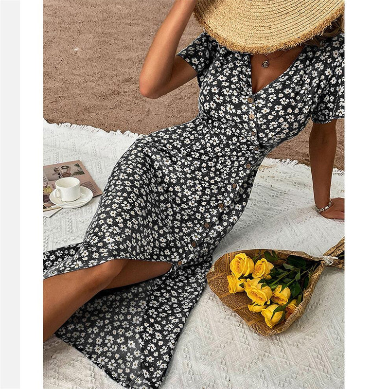 Elegant V-Neck Floral Print Split Maxi Dress in Black