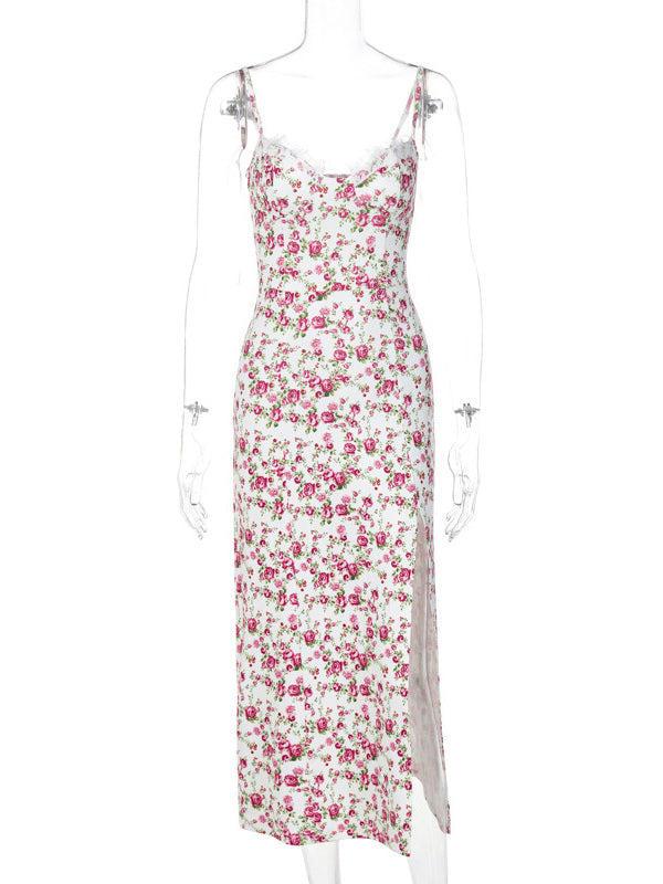 Floral Print Lace Backless Bohemian Straps Neck Midi Dress