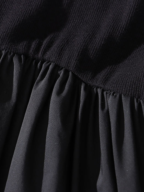 A-Line Long Sleeves Elasticity Hollow Solid Color Split-Joint Round-Neck Midi Dresses