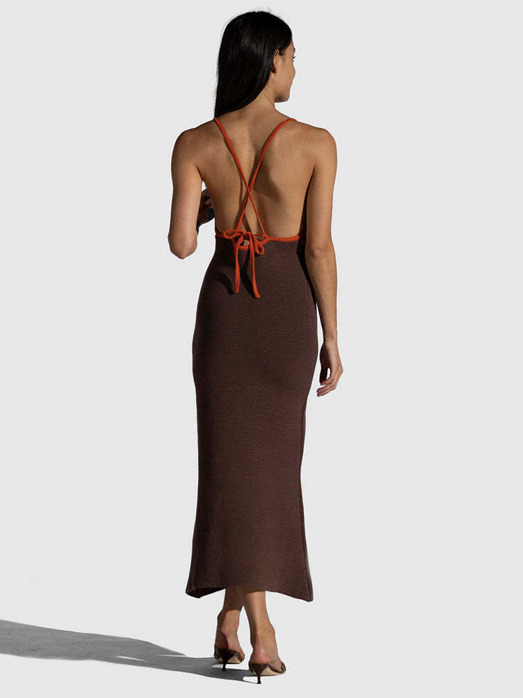 Knitted Dress Delicate Floral Halter Crossover Back Fitted Party Midi Dresses
