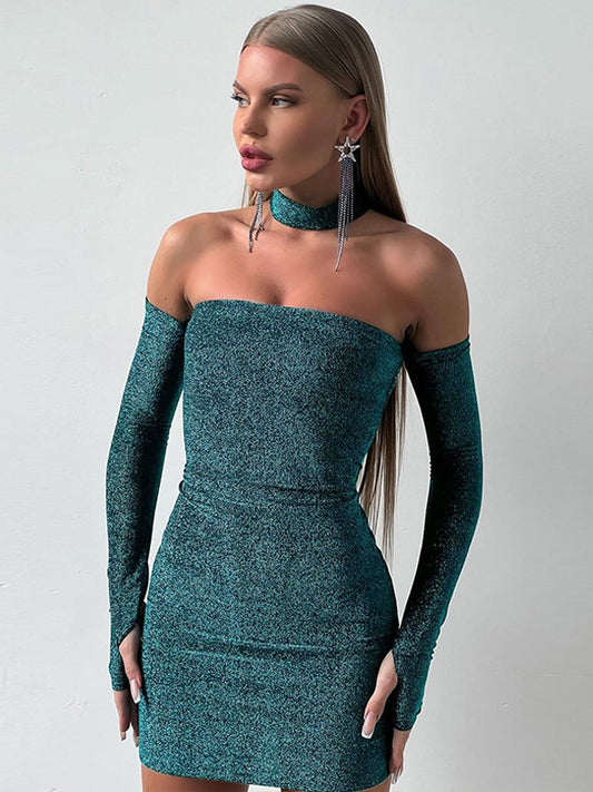 Glitter Bodycon Dresses Long Sleeves Cold Shoulder Birthday Party Mini Dresses