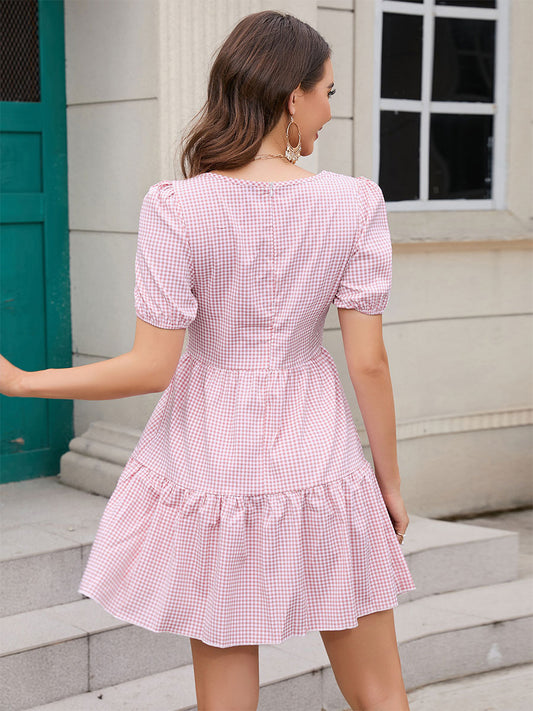 Summer Dresses Barbie Pink Gingham Sweetheart Neck Plaid Mini Dress