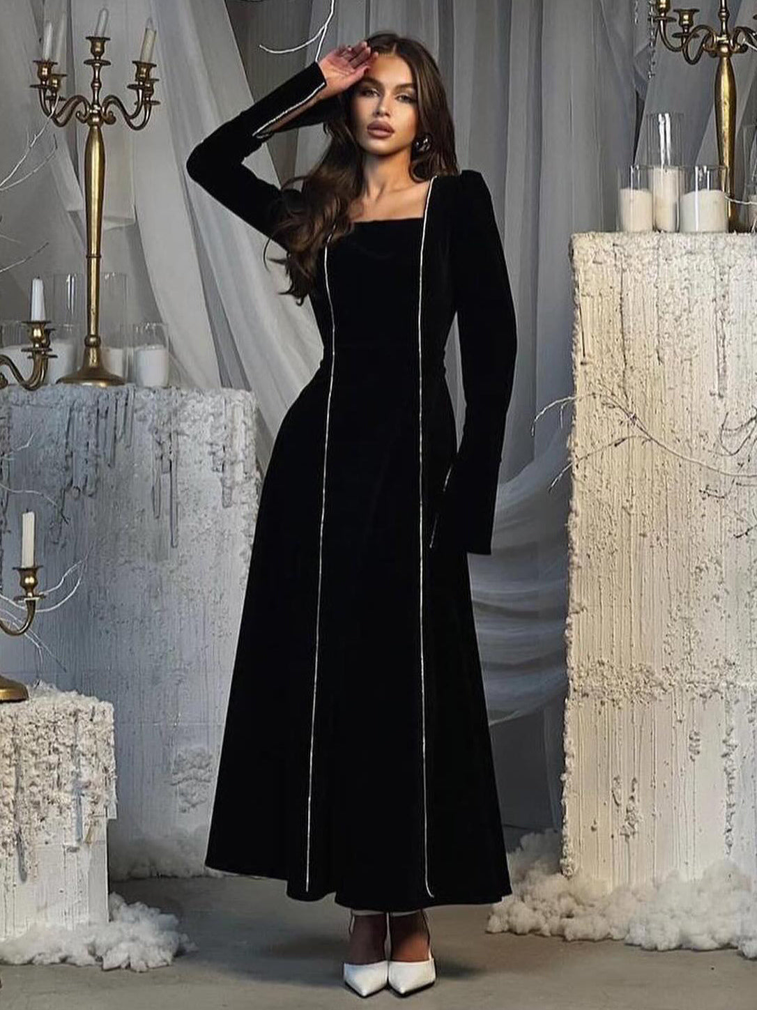 Velvet Piping Dress Square Neck Long Sleeves Slit Prom Maxi Dresses