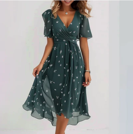 Wrap V-Neck Flutter Sleeve Tie Waist Ruffled Hem Floral Midi Dress