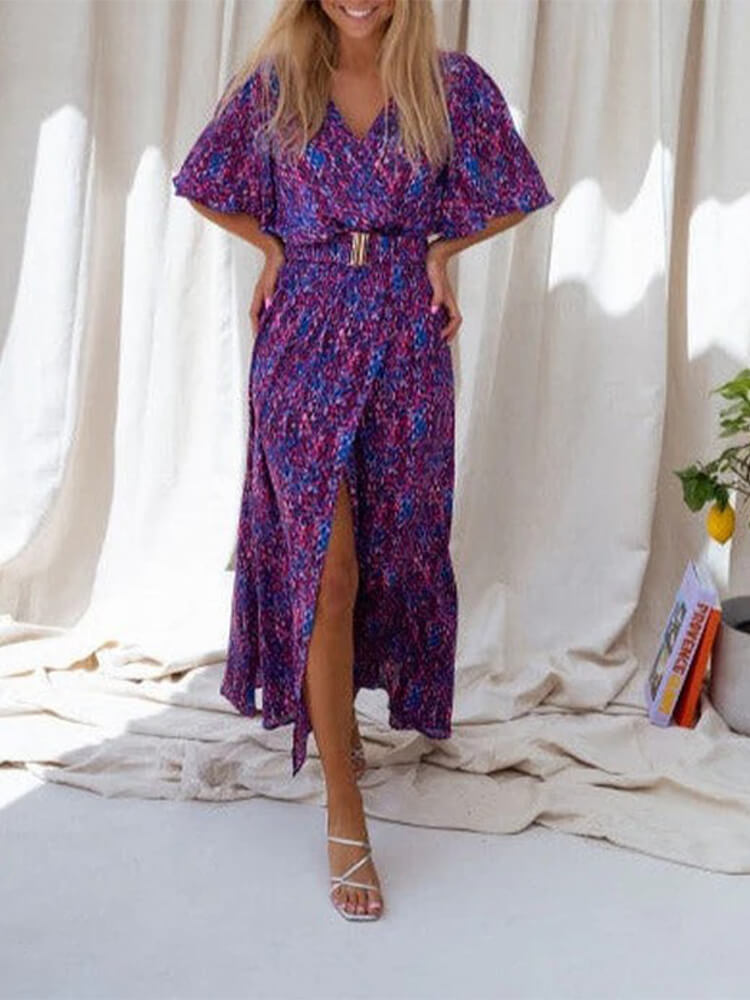 Flutter Sleeve Wrap Belt Tie High Split Abstract Print Maxi Dress