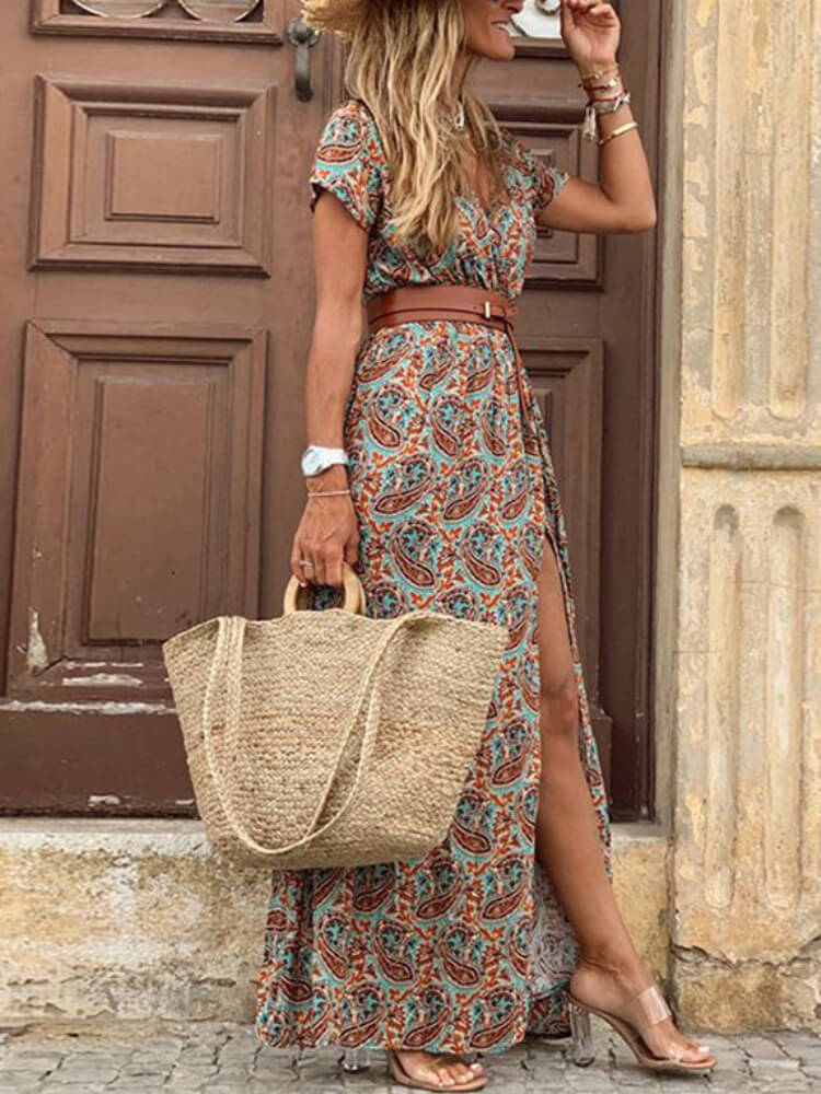 Deep V Neck Short Sleeve Paisley Print Belted Maxi Dress