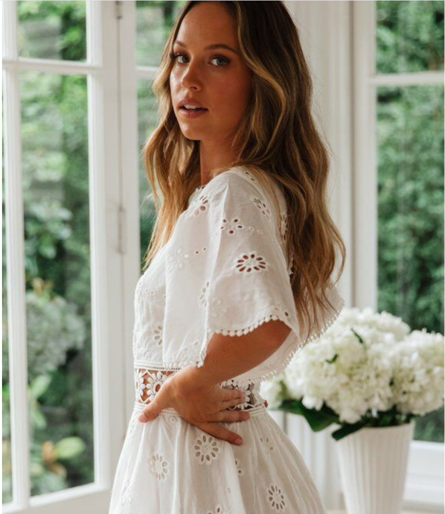 Eyelet Lace Butterfly Sleeve Scallop Trim Crochet Waist Mini Dress