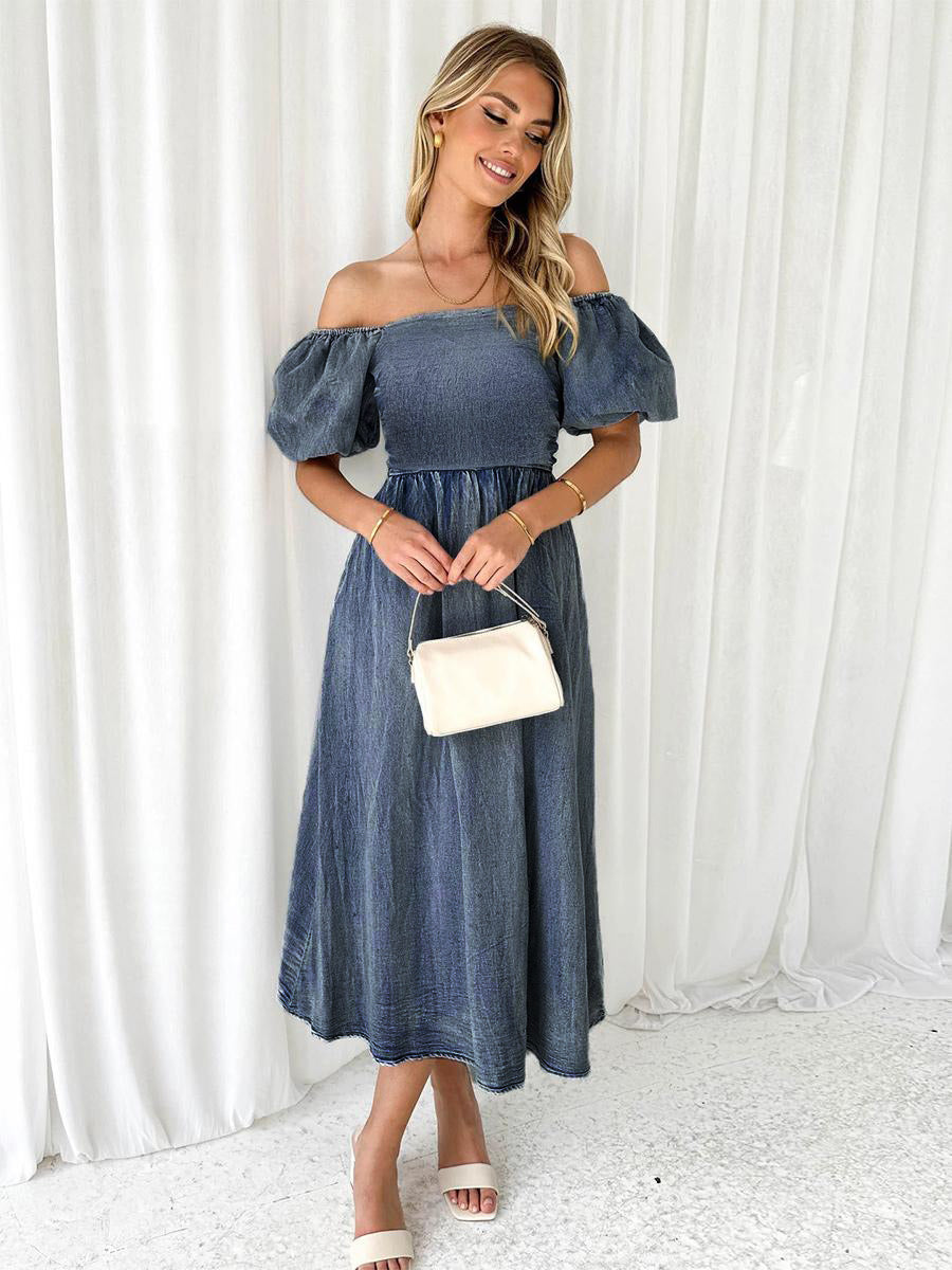 Blue Long Dress Off The Shoulder Pleated Daily Midi Dresses