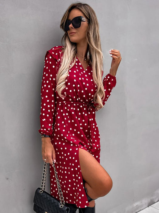 Polka Dot Lace Up Sexy V-Neck Long Sleeves Midi Dress
