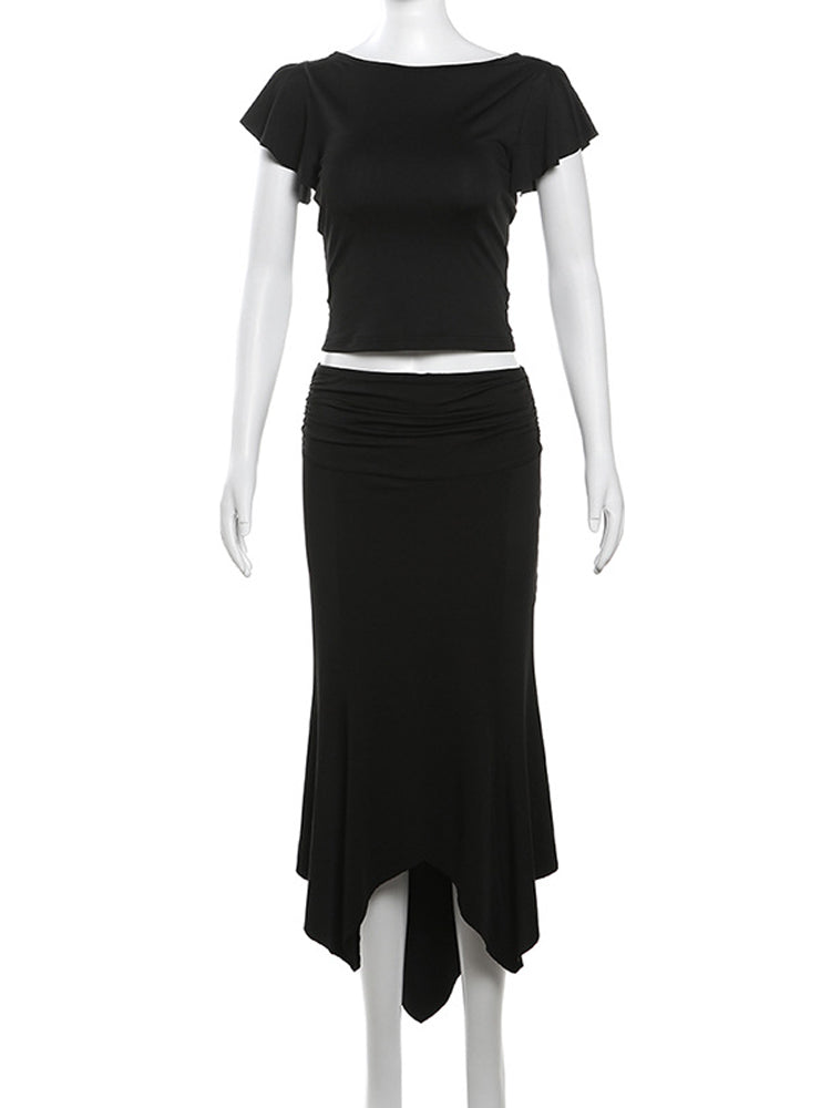 Tossy Women’s Solid Elegant Irregular 2 Piece Set Ruffle Short Sleeve Low Waist Folds Midi Dress Slim Beach Party Outfits Femme