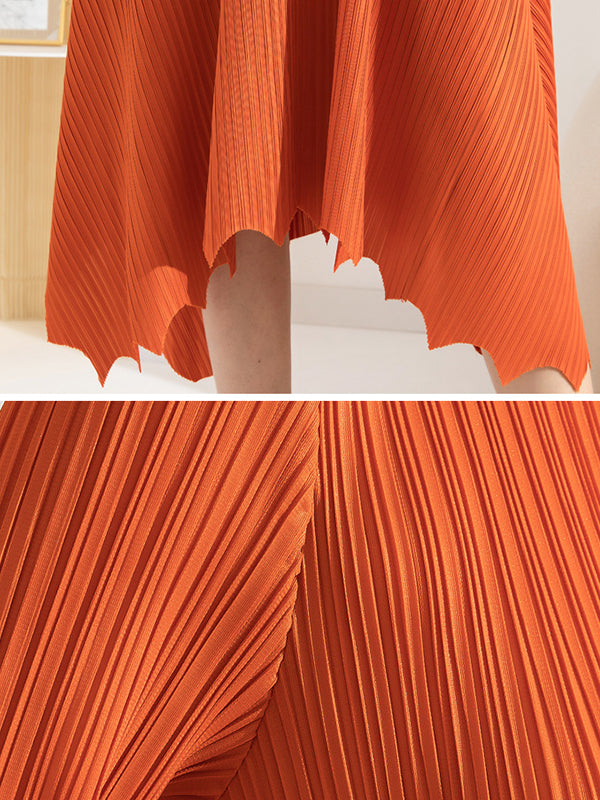 Irregular Clipping Loose Pleated Solid Color Round-Neck Midi Dresses
