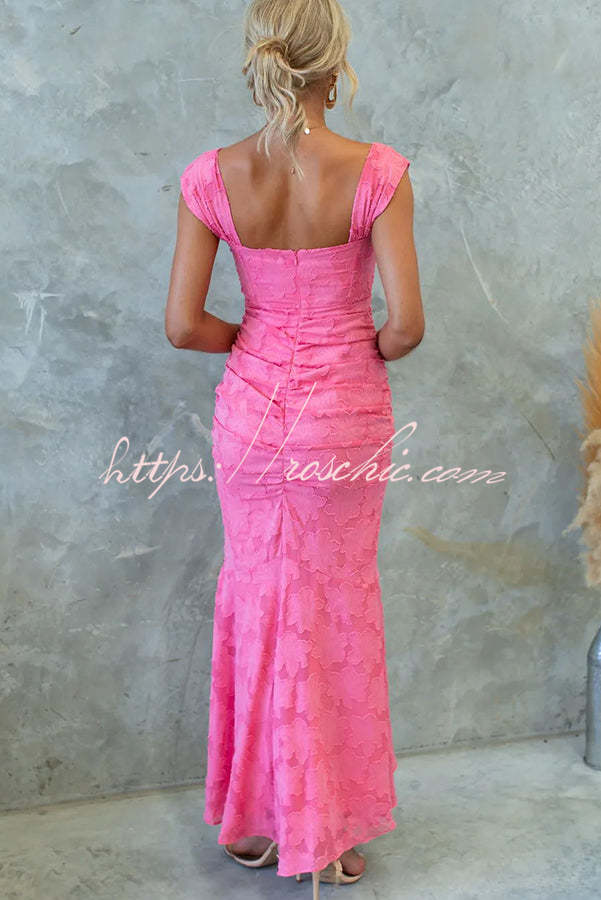 Unreal Beauty Floral Textured Material Ruched Fishtail Maxi Dress