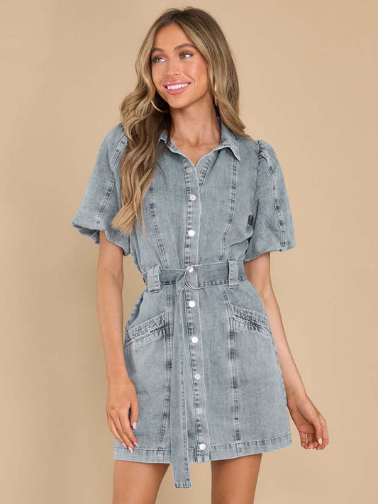 Summer Mini Dresses Light Sky Blue Turndown Collar Sash Denim Beach Dress