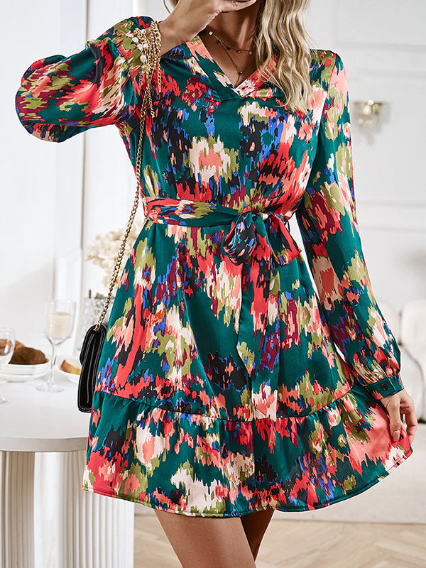 Long Sleeves Loose Printed Split-Joint Tied Waist V-Neck Mini Dresses
