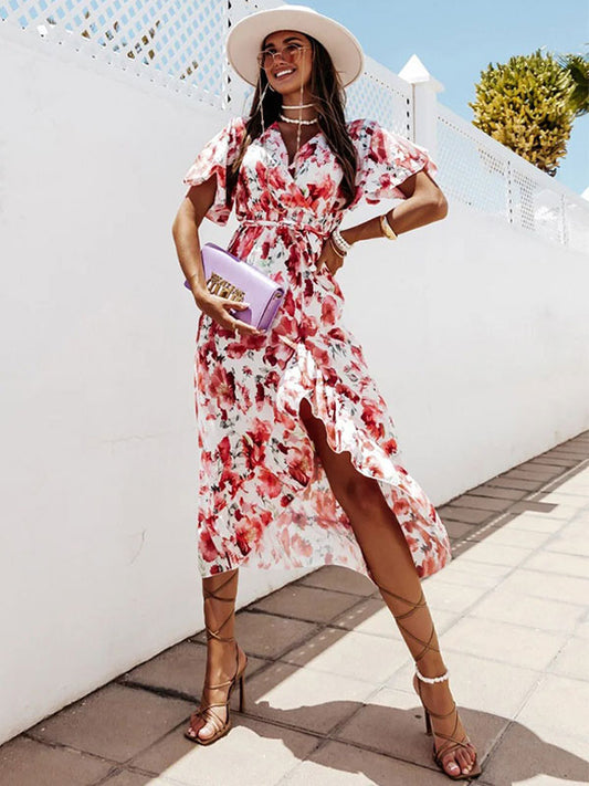 Summer Midi Dress White V-Neck Lace Up Floral Print Beach Dress