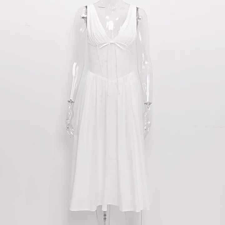 Sleeveless Dress Floral Pleated Knot Details Party Midi Dresses