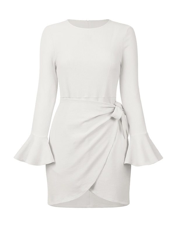 Simple Long Sleeves Skinny Tied Falbala Solid Color Round-Neck Mini Dresses