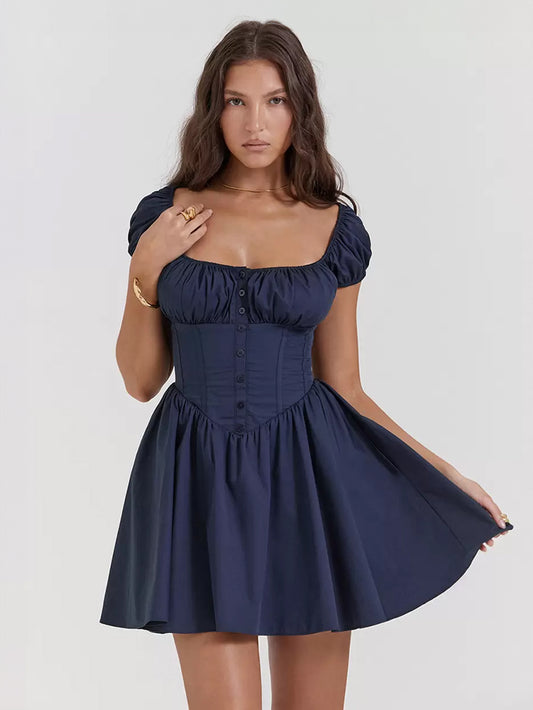 Short Dress Pleated Square Neck Puff Sleeves Graduation Party Mini Dresses