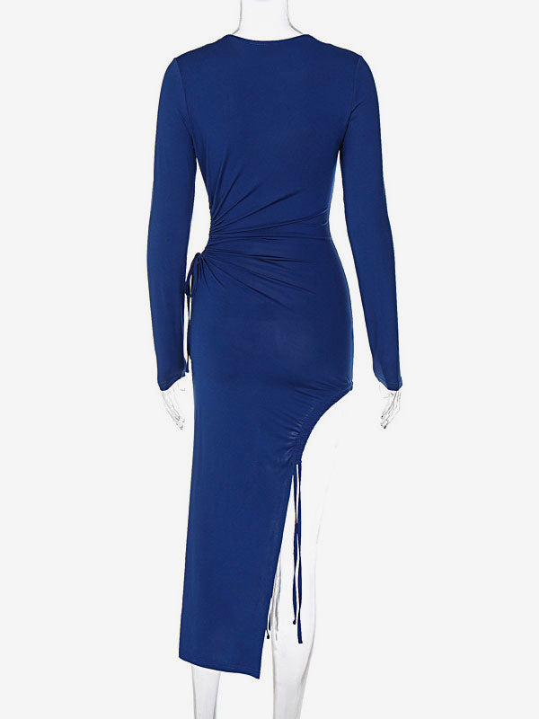 Jewel Neck Midi Dress Long Sleeves Sexy Lace Up Long Dress