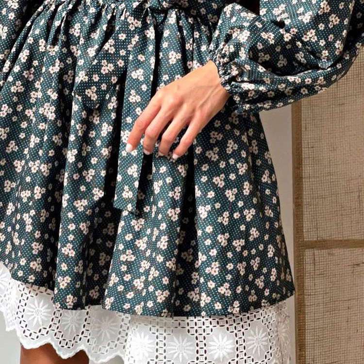 Fall French Elegant Puff Sleeve Floral Stup Collar Cinched Long Sleeve A line Dress